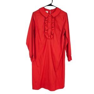 Vintage 70s Ladybird Shirt Dress Red Ruffle Pearl Button Long Sleeve Midi Size s